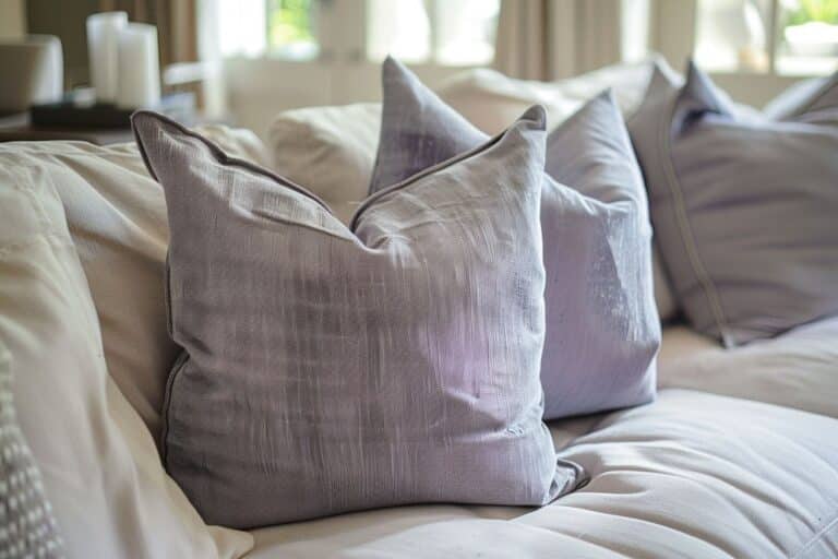 Image of soft lavender pillows on a neutral sofa creating a serene ambiance.